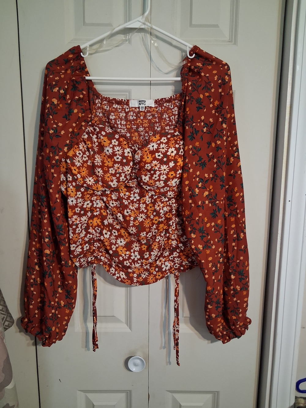 NYC Rust Floral Smocked Puff-Sleeve Crop Blouse